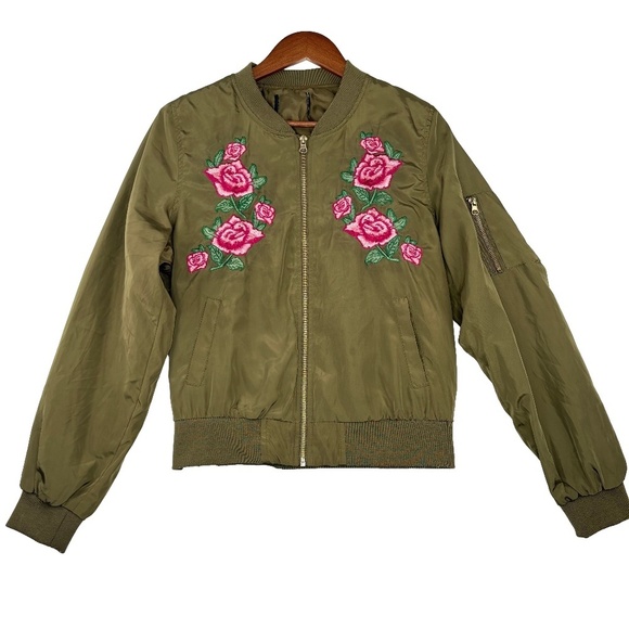 Love Tree Women's Rose Embroidered Army Green Light Bomber Jacket Size Small - Picture 1 of 11